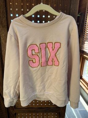 Women’s Cream Sweatshirt with Pink 'SIX' Chenille Applique